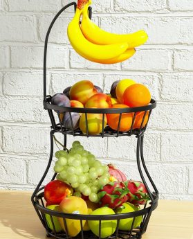2-Tier Fruit Basket Bowl Stackable Vegetable Storage with Banana Tree Hanger Stand for Kitchen Countertop, Metal Wire Basket for Bread Onions Potatoes Black