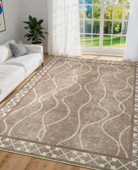 DweIke Washable Area Rugs for Living Room, 4x6 Soft Non-Slip Modern Bordered Bedroom Rug and Stain Resistant Throw Carpet for Office Classroom Dining Room Kitchen Dorm Home Decor, Brown