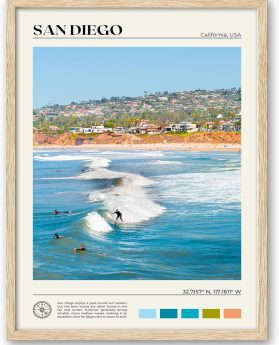 Natural OAK Wood San Diego Surfing Framed Wall Art,12x16in Natural Seascape Canvas Wall Print,Classic Urban Landmark Wall Decor for Living Room,Bedroom,Office Gallery Gifts Set of 1